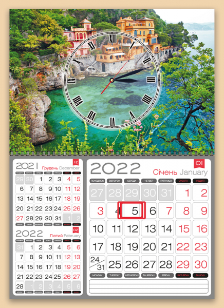 Квартальные календари на одну пружину с часами оптом и в розницу 2022