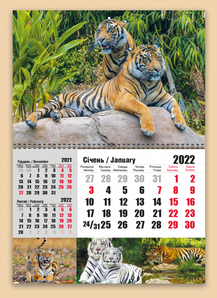"Супереконом 3 в 1" з тиграми №01. Квартальні календарі оптом і в роздріб 2022